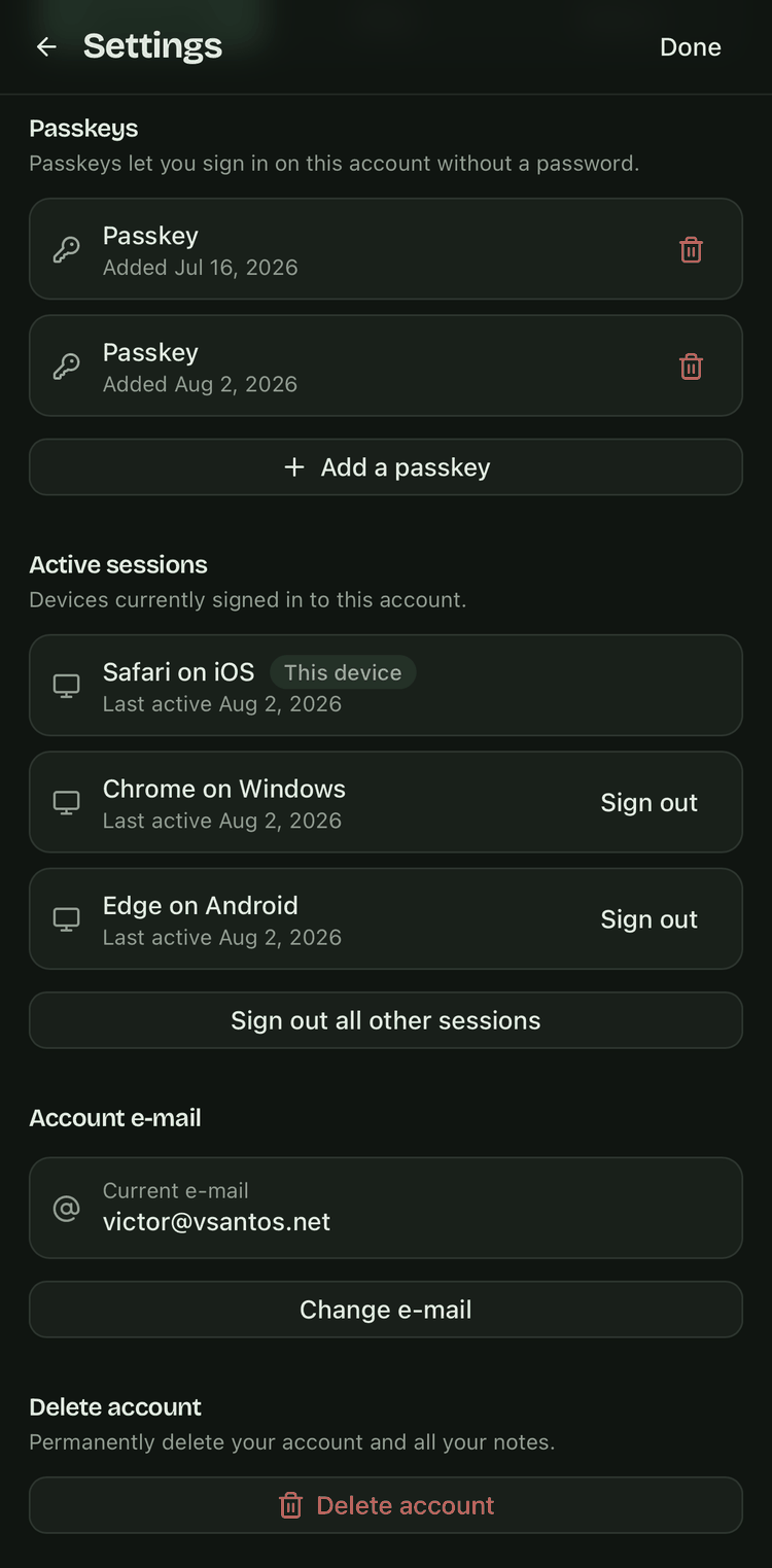 Account settings showing active sessions and the delete account option