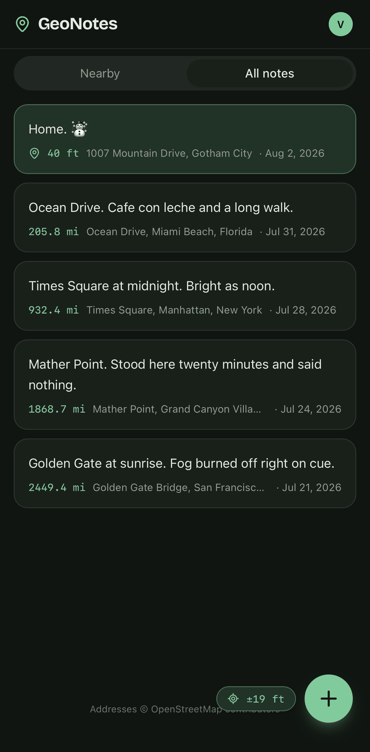 All notes tab in dark theme, sorted by distance