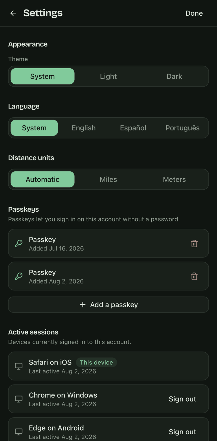 Settings screen showing theme, language, distance units and passkeys